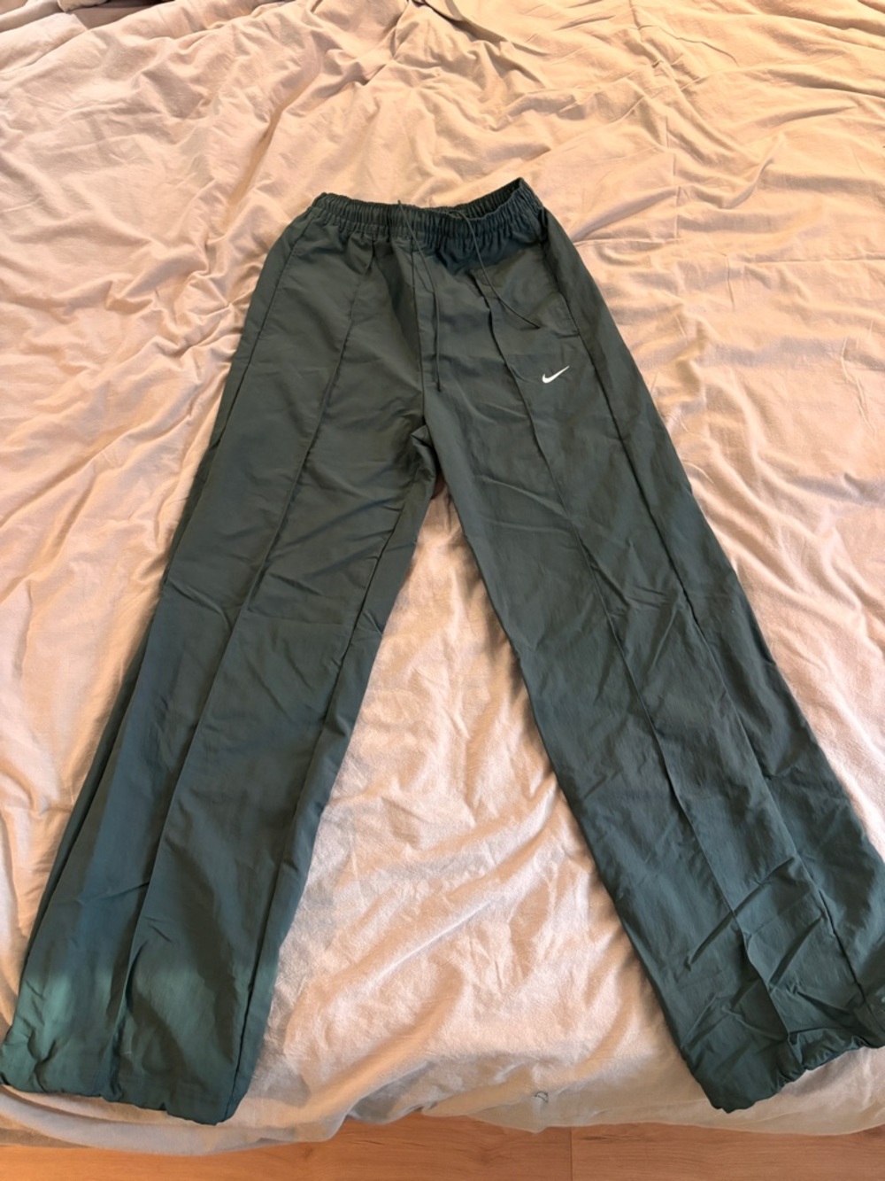 Nike Olive Green Windbreaker Track Pants with White Swoosh